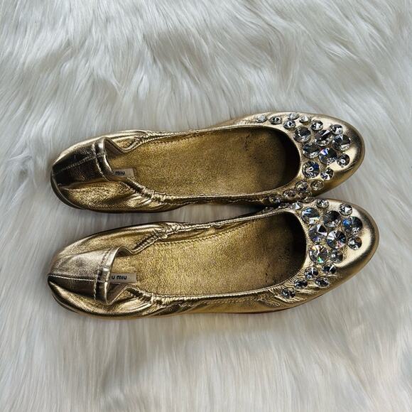 Miu Miu Gold Rhinestone Embellished Scrunch Flats - Picture 8 of 9